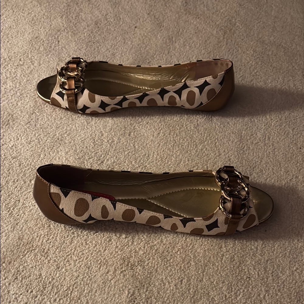 Coach Brown and Cream Flats with Gold Buckle